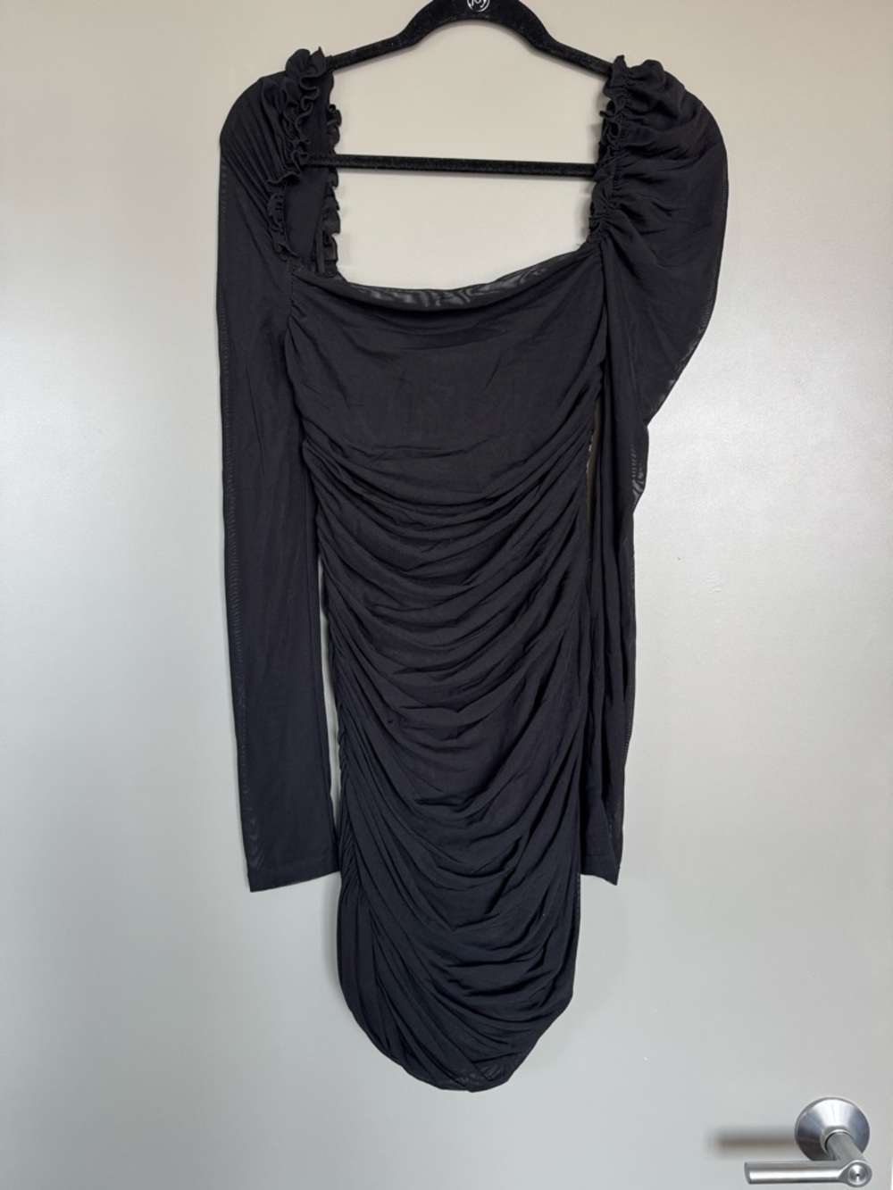 Black Ruched Puff Shoulder Long-Sleeve Mini Dress